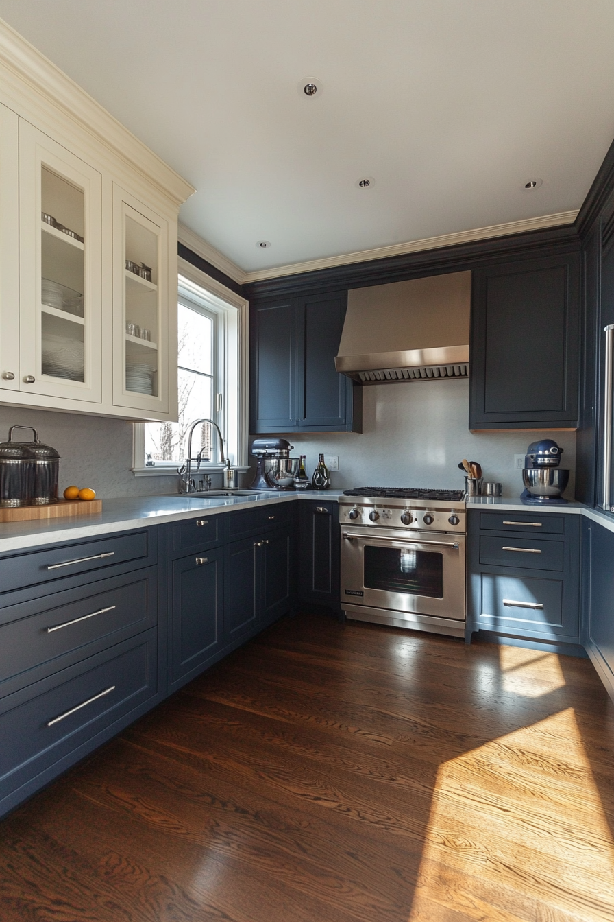 Kitchen with deep blue walls and charcoal gray cabinets