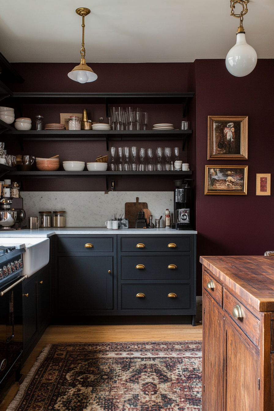 Kitchen with navy cabinets and vintage appliances
