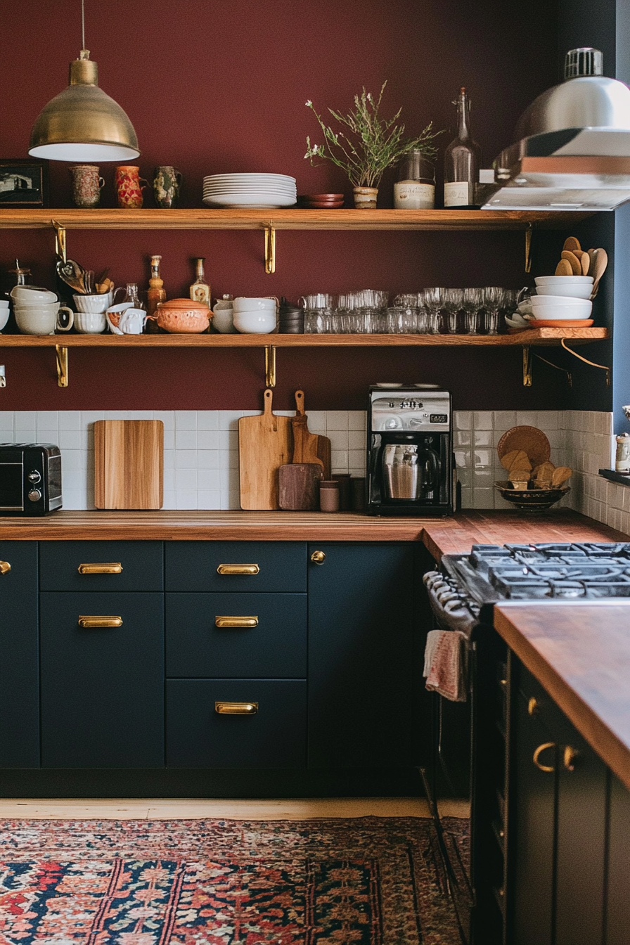 Kitchen with navy cabinets and vintage appliances