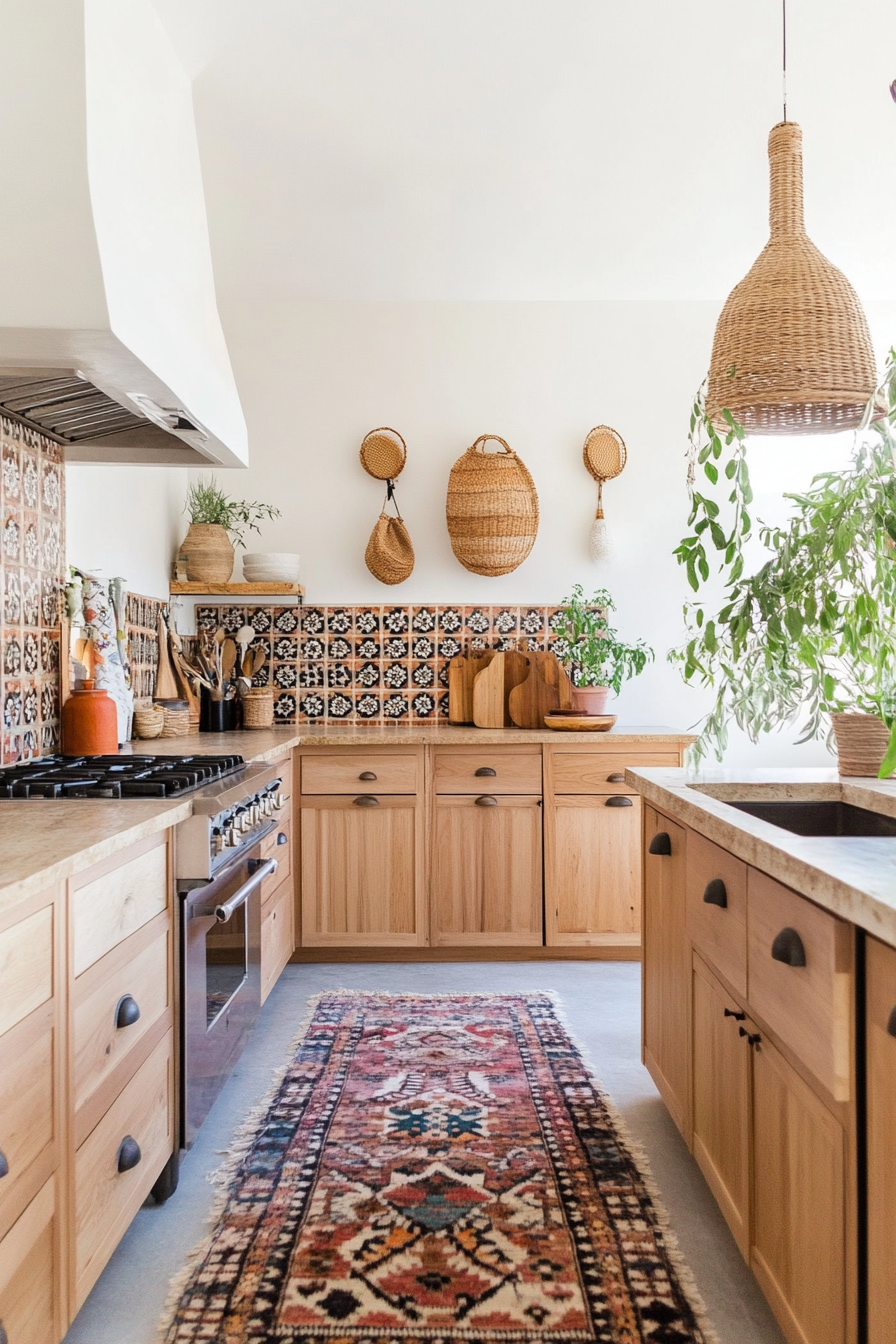 Bohemian kitchen with wooden cabinets and colorful tiles