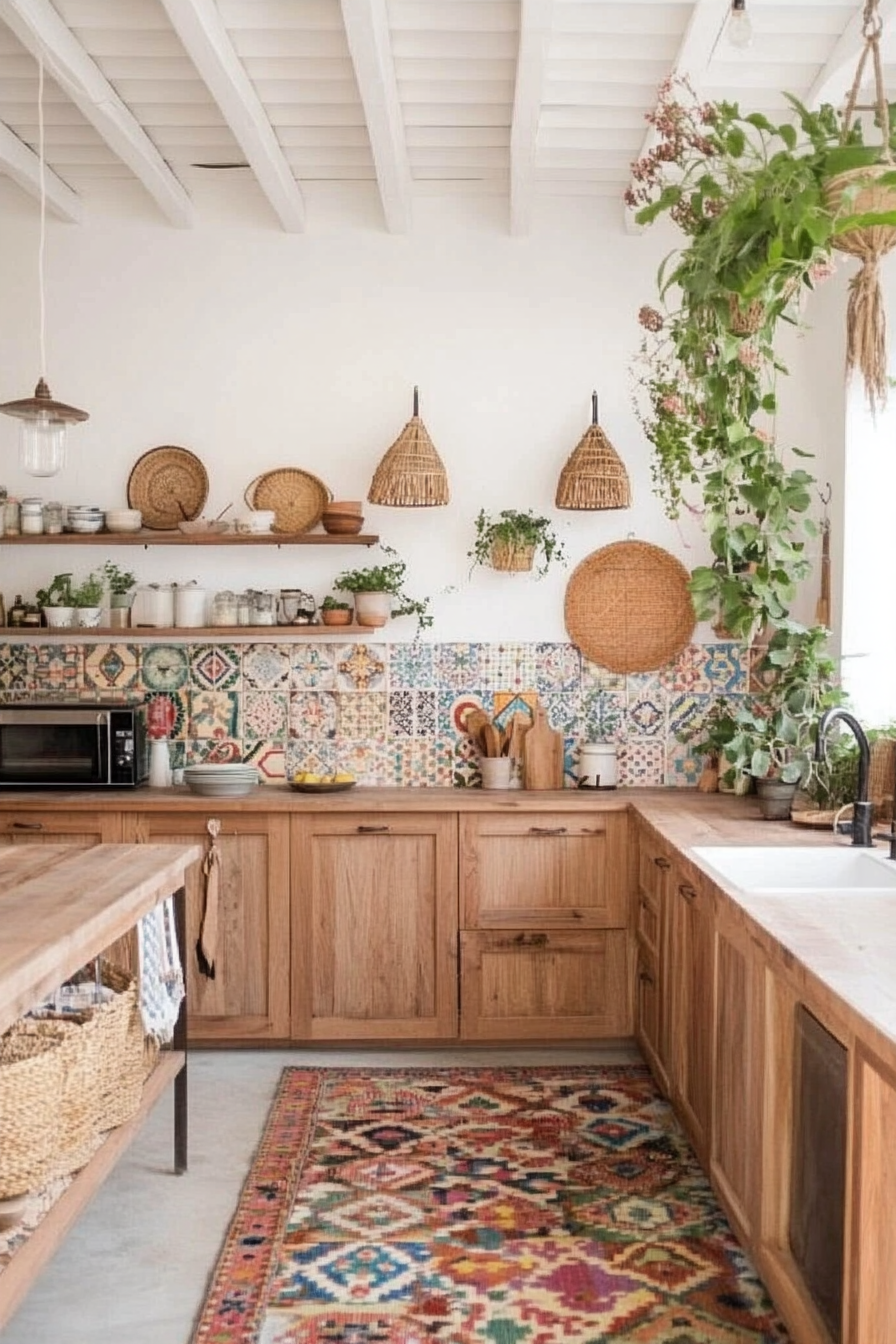 Bohemian kitchen with wooden cabinets and colorful tiles