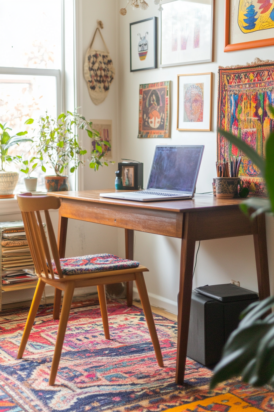 Bohemian small office with vibrant decor