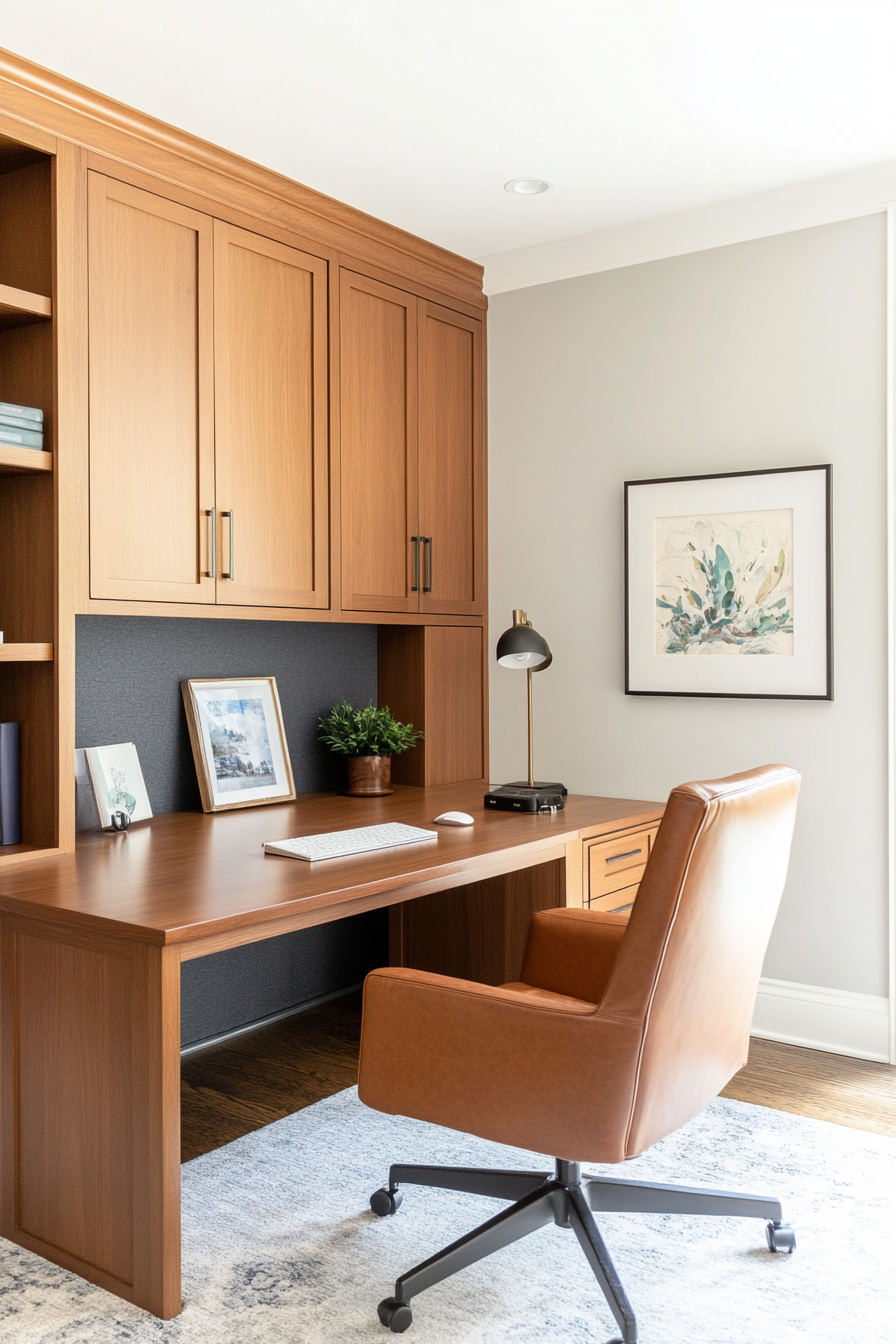 A professional office with sleek wooden furniture