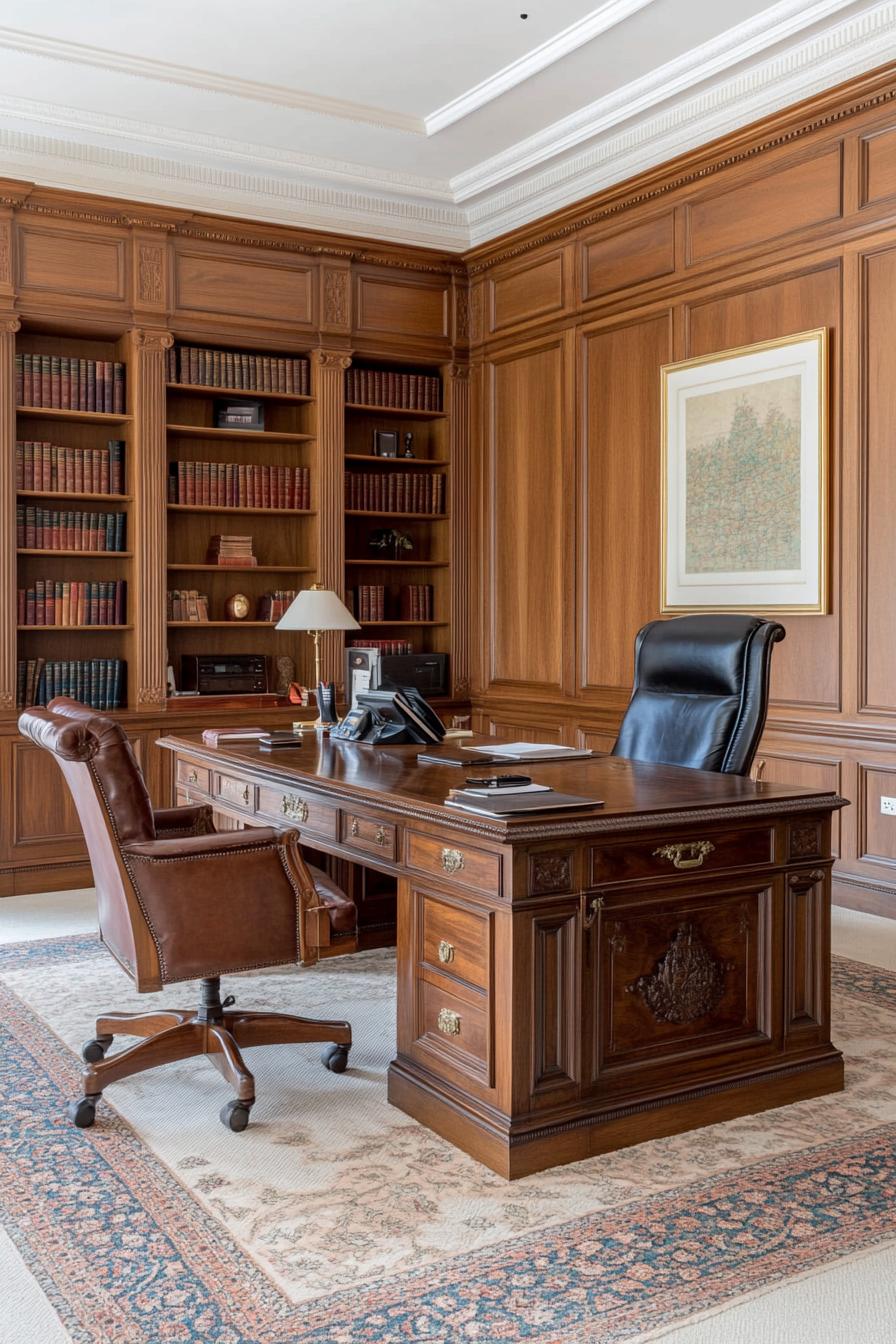 A traditional office with classic furniture and rich, warm colors