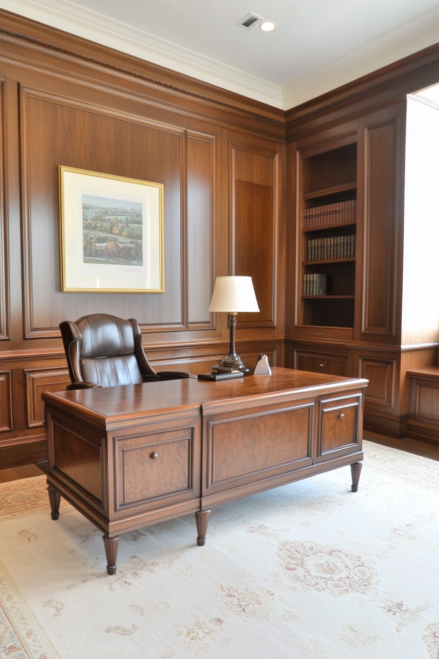 A traditional office with classic furniture and rich, warm colors