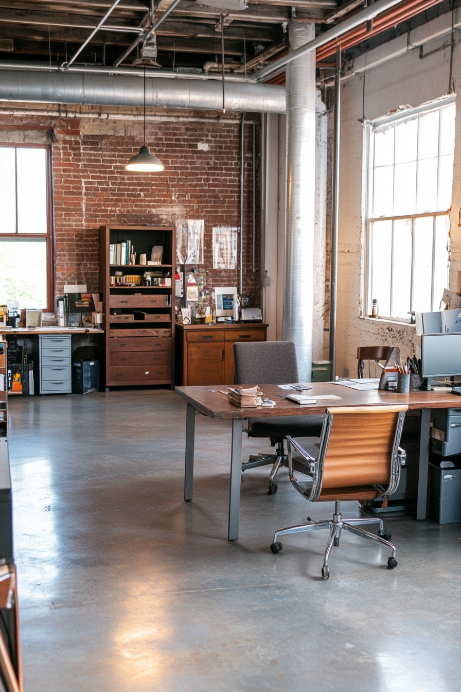 An industrial office with raw, unfinished furniture