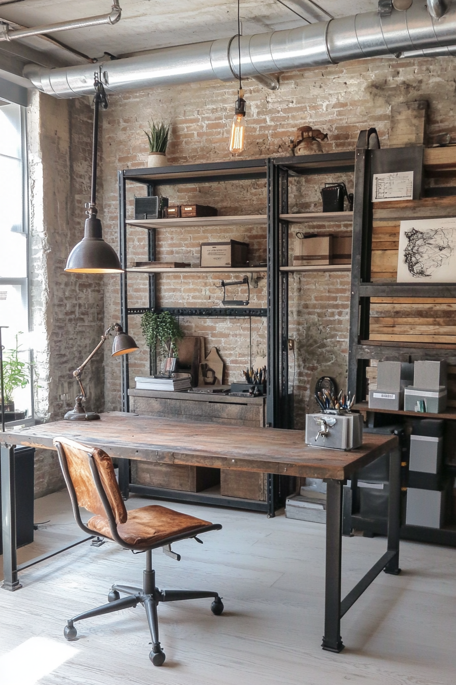 An industrial office with raw, unfinished furniture