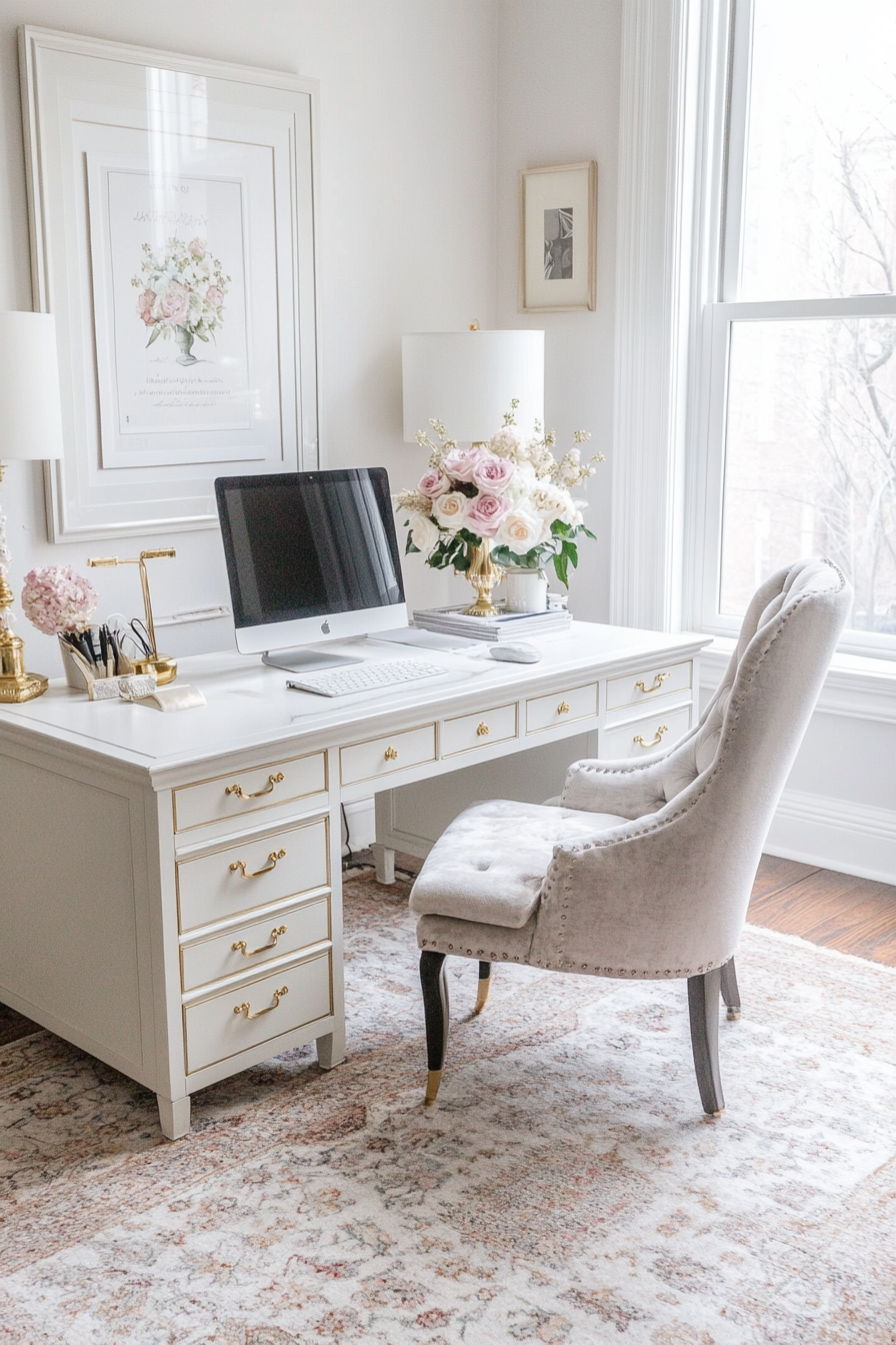 A feminine office with graceful furniture and a soft color palette