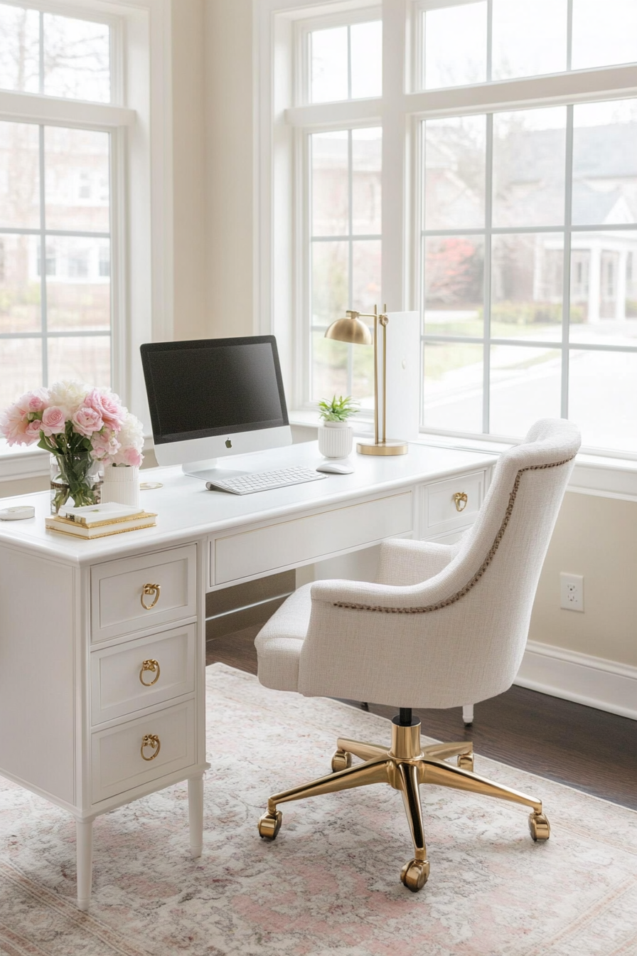 A feminine office with graceful furniture and a soft color palette