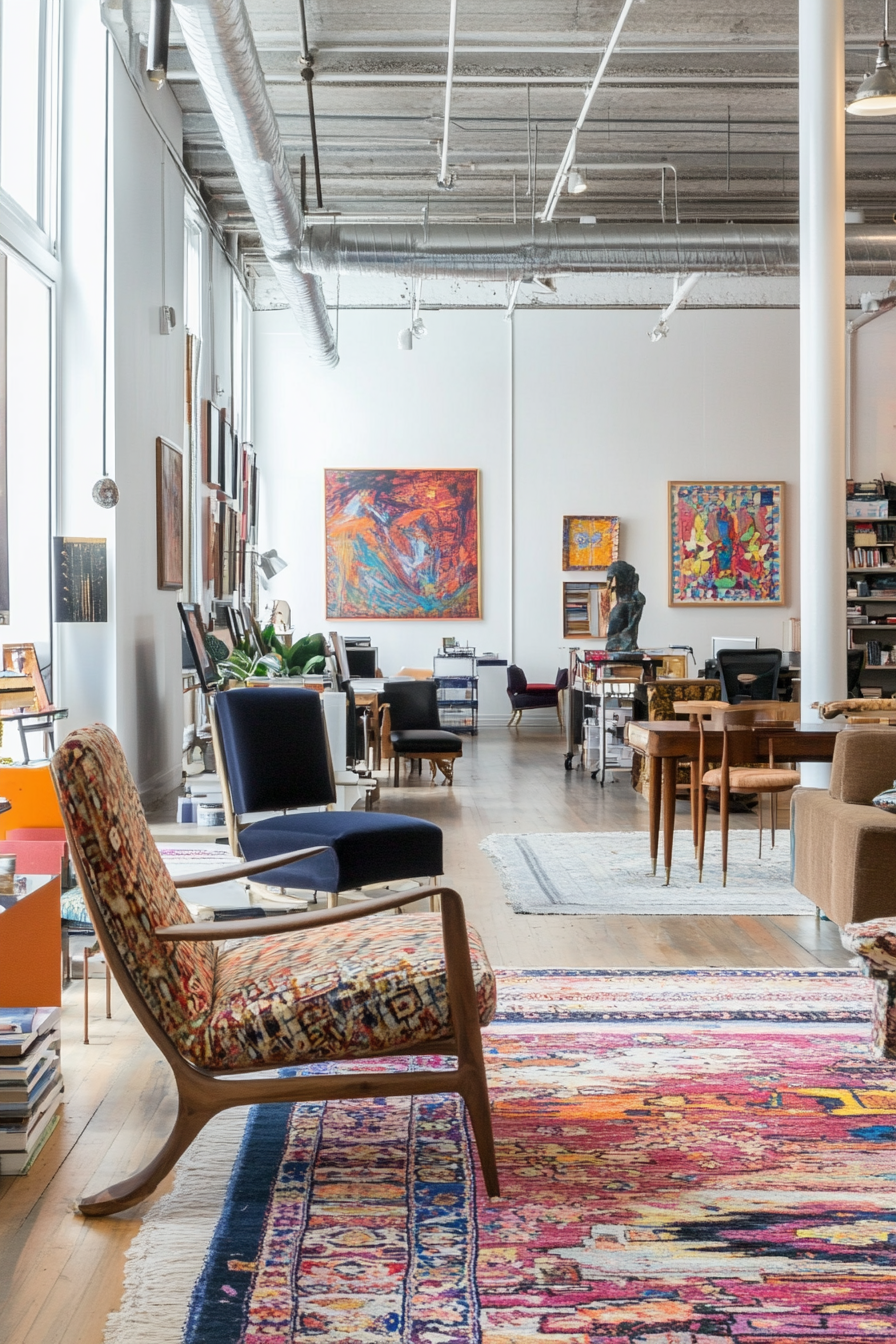 An eclectic office with a mix of furniture styles and colors