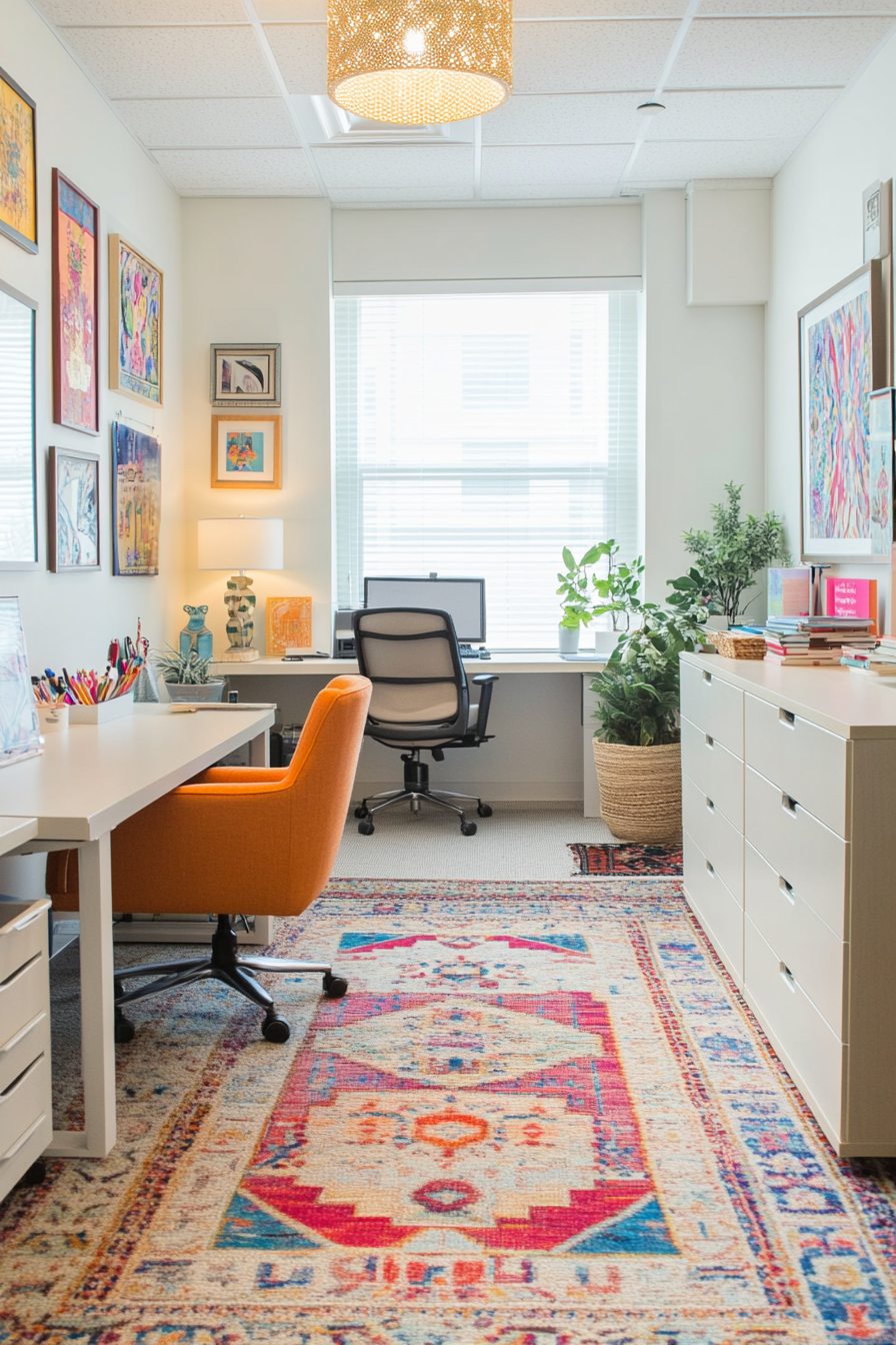 An eclectic office with a mix of furniture styles and colors