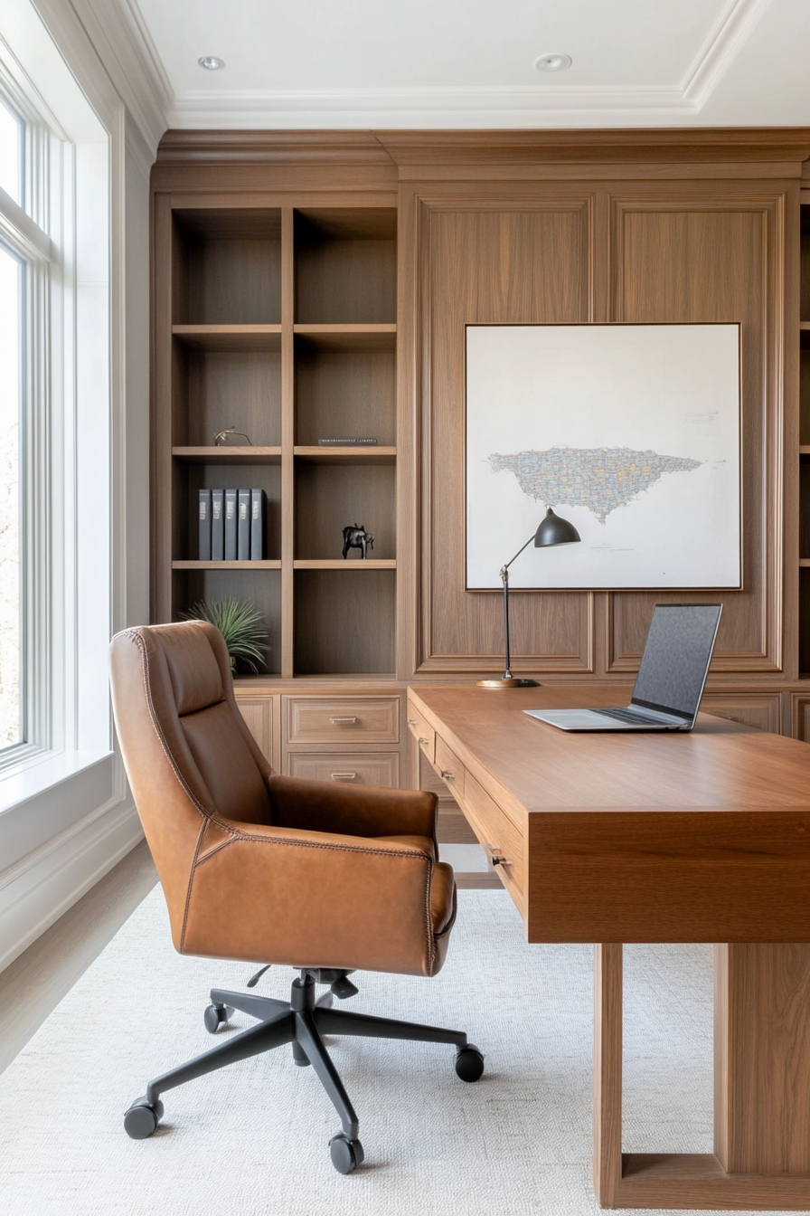 A professional office with sleek wooden furniture