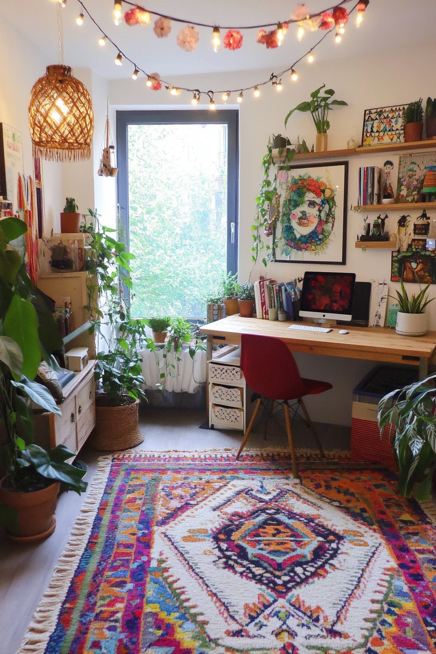 A bohemian office with vibrant colors and eclectic furniture