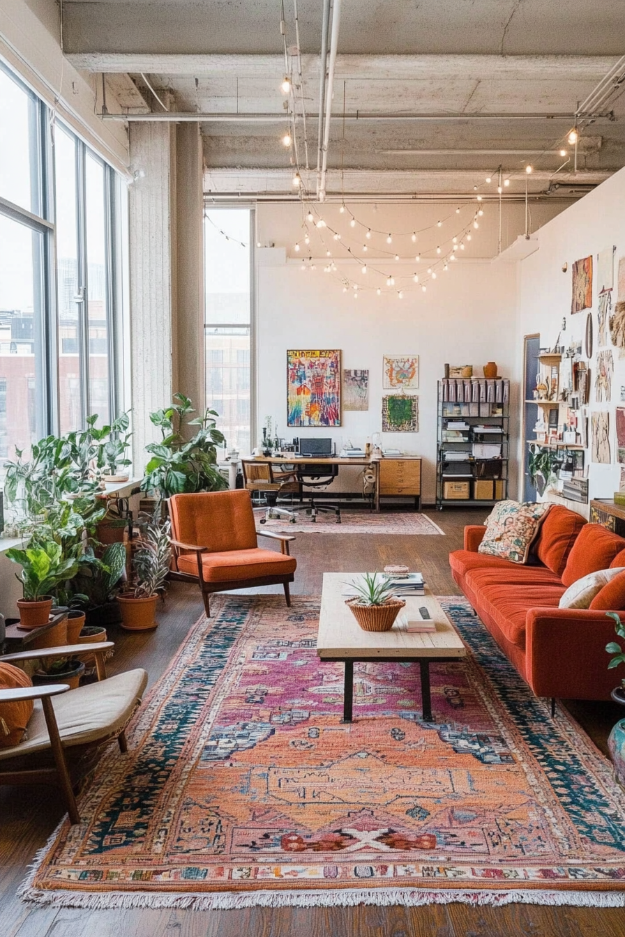 A bohemian office with vibrant colors and eclectic furniture
