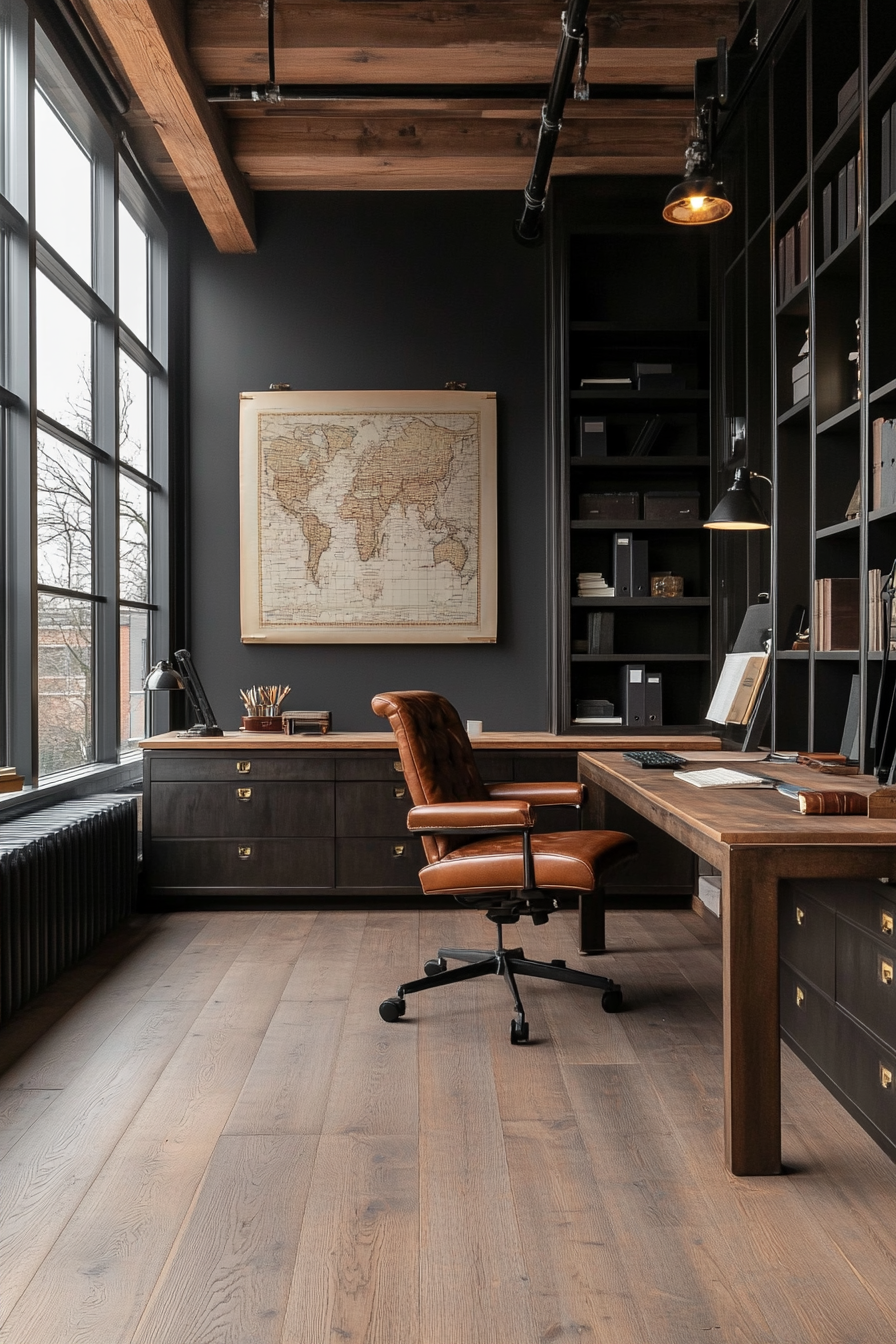 A masculine office with dark, sturdy furniture