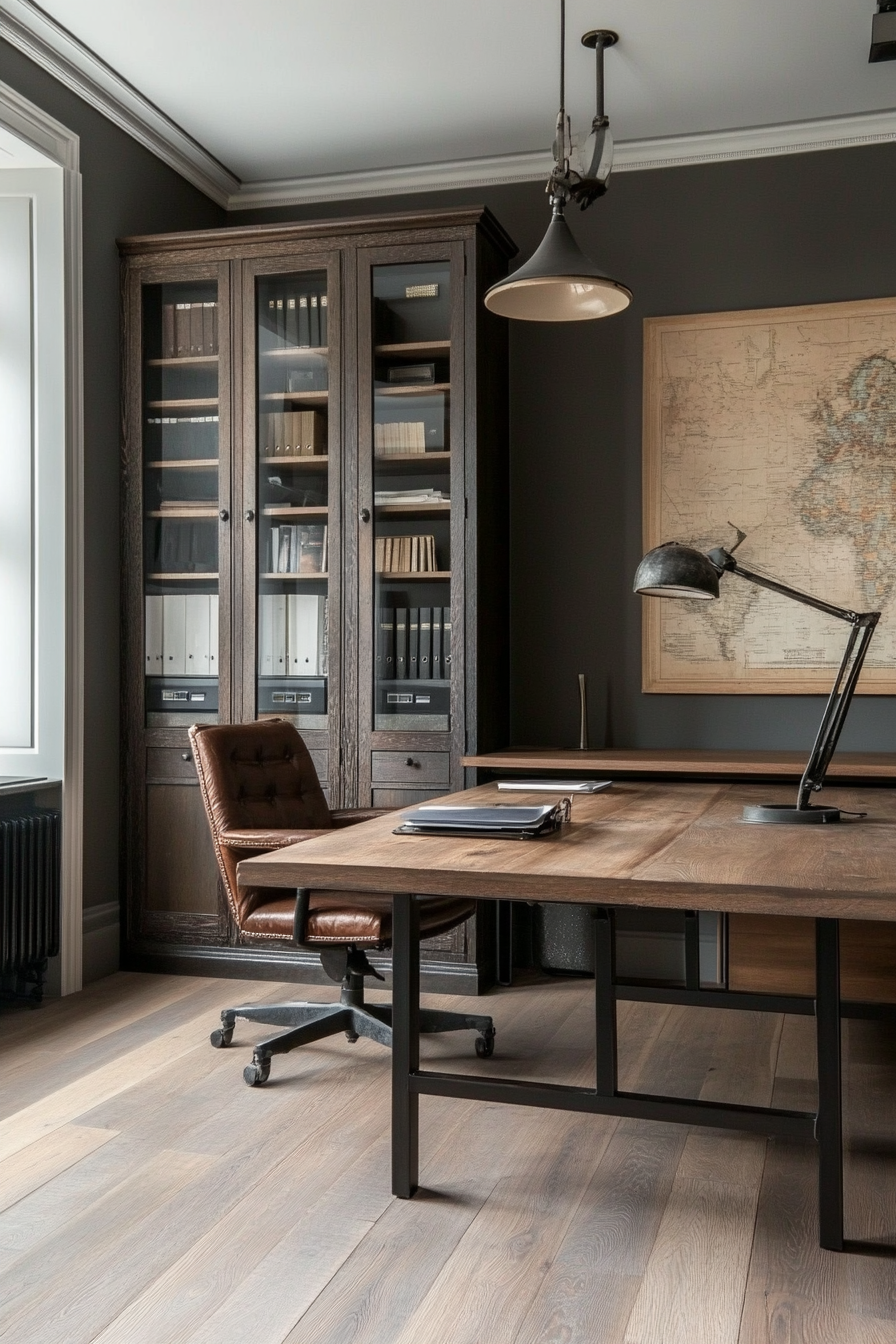 A masculine office with dark, sturdy furniture