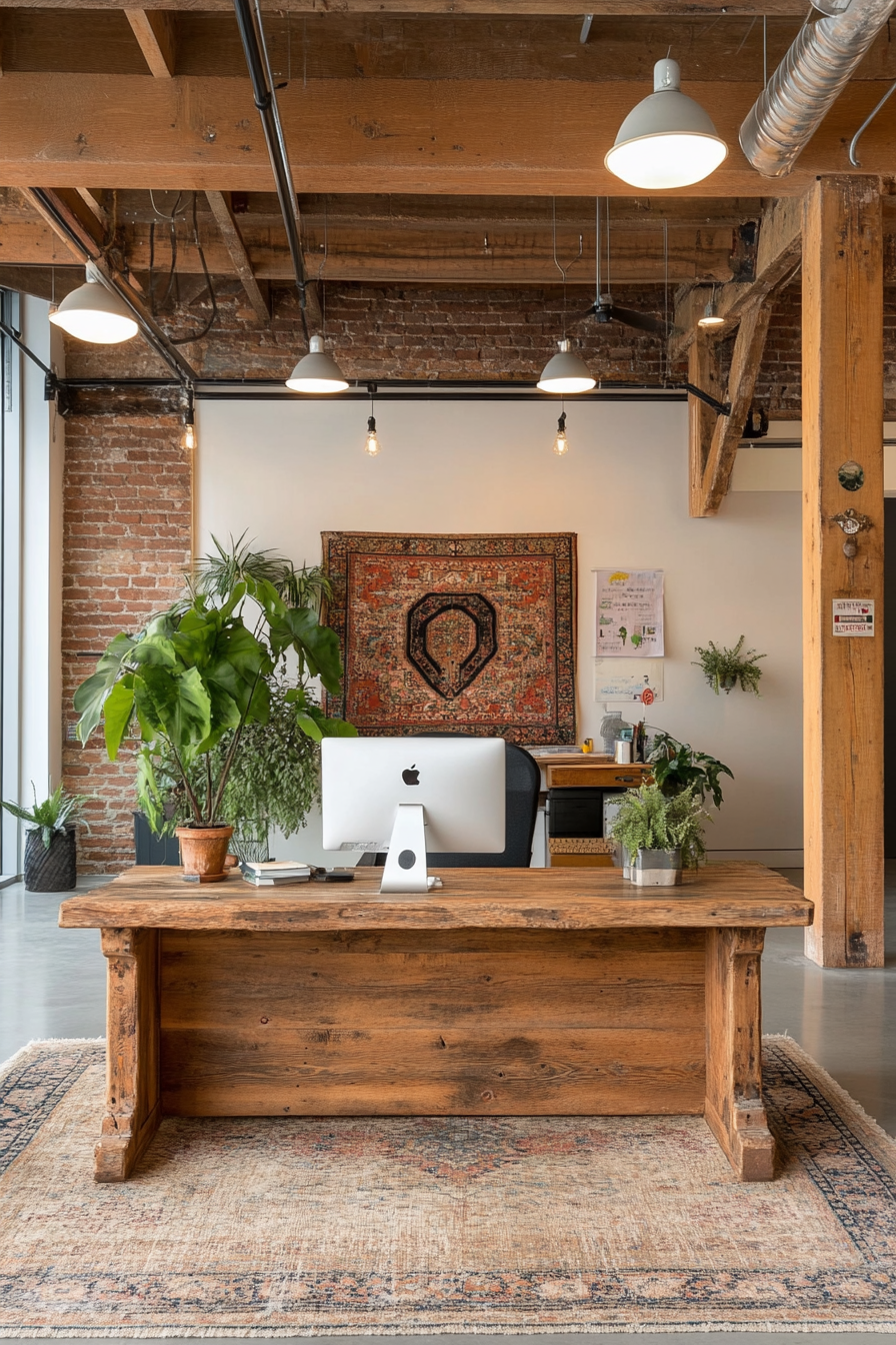 A rustic office with furniture made from reclaimed wood