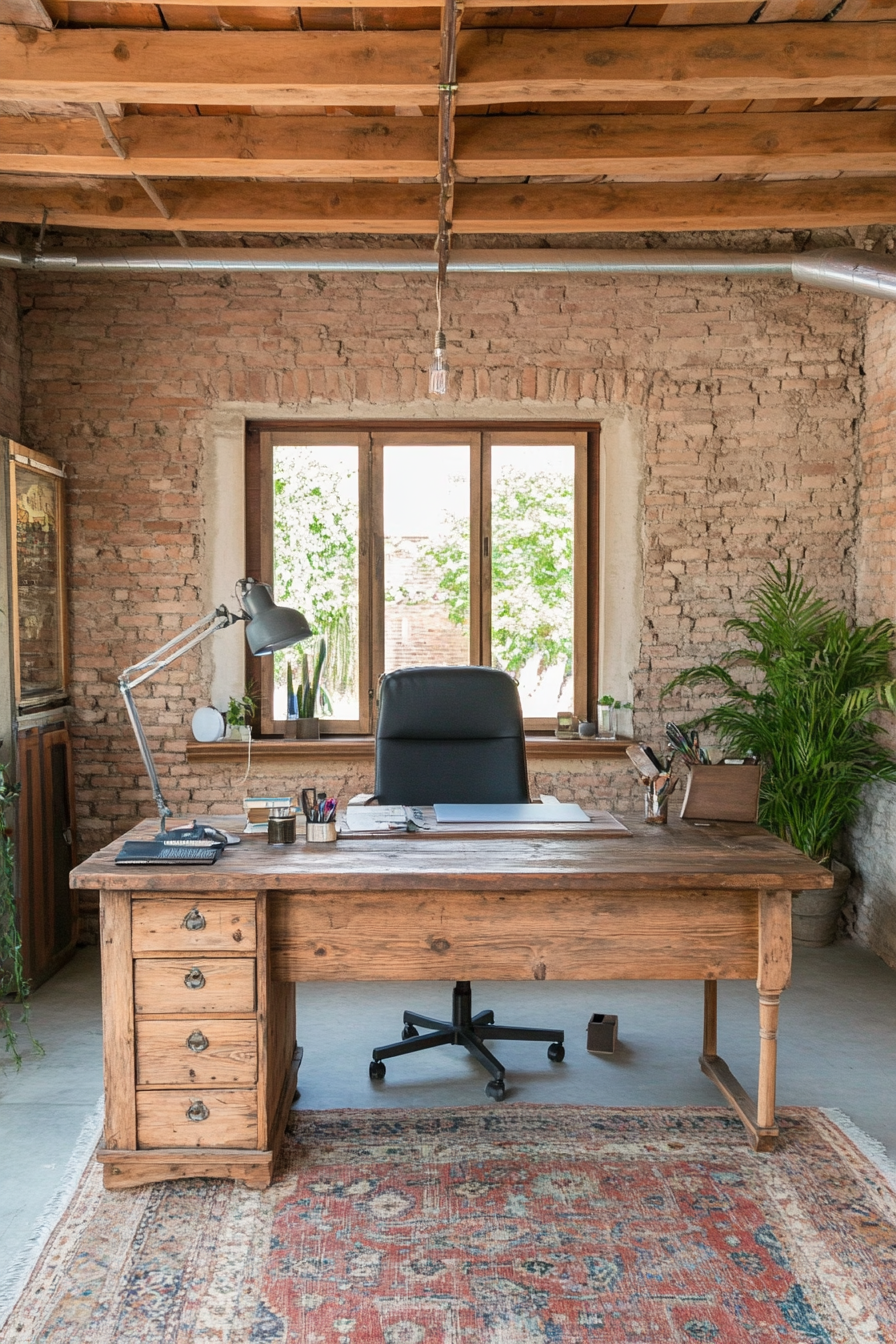 A rustic office with furniture made from reclaimed wood