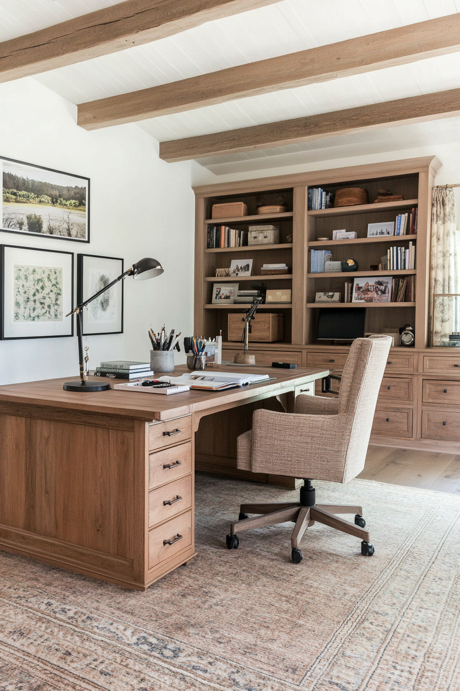 A large wooden desk with ample storage in a home office