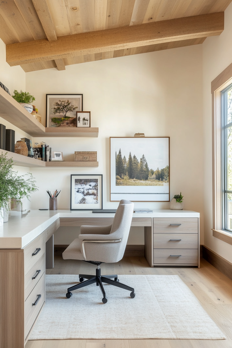 A home office with quality furniture and a neutral color palette