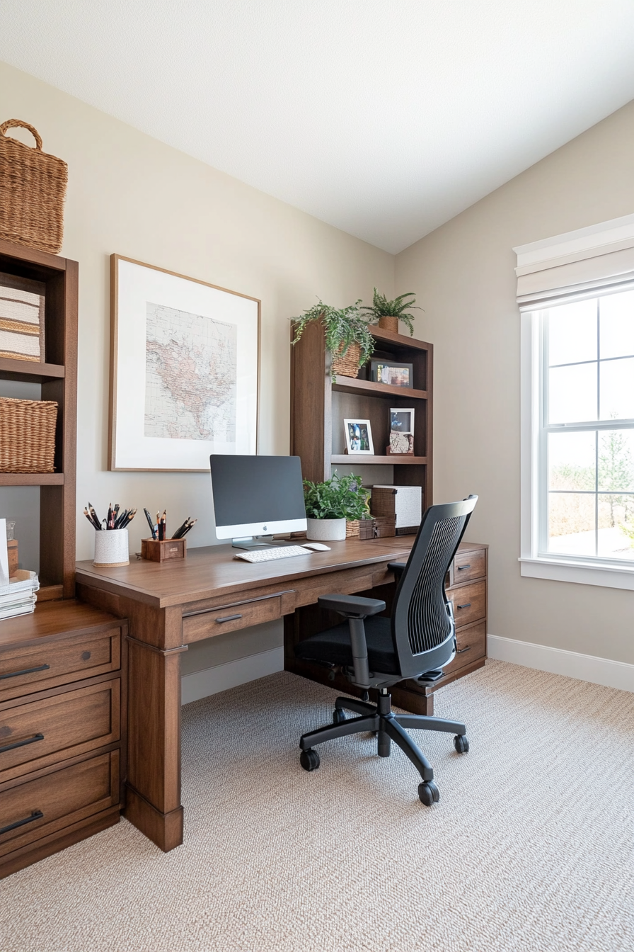 A home office with quality furniture and a neutral color palette