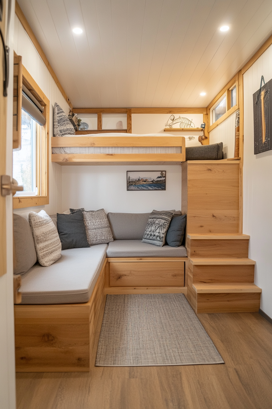 Interior of tiny home with multi-purpose furniture and efficient design