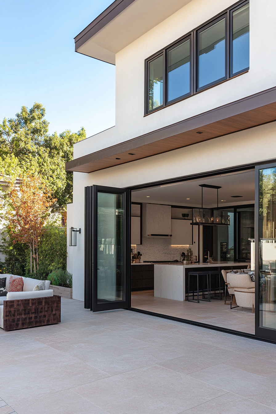 Home with large retractable glass doors and outdoor patio