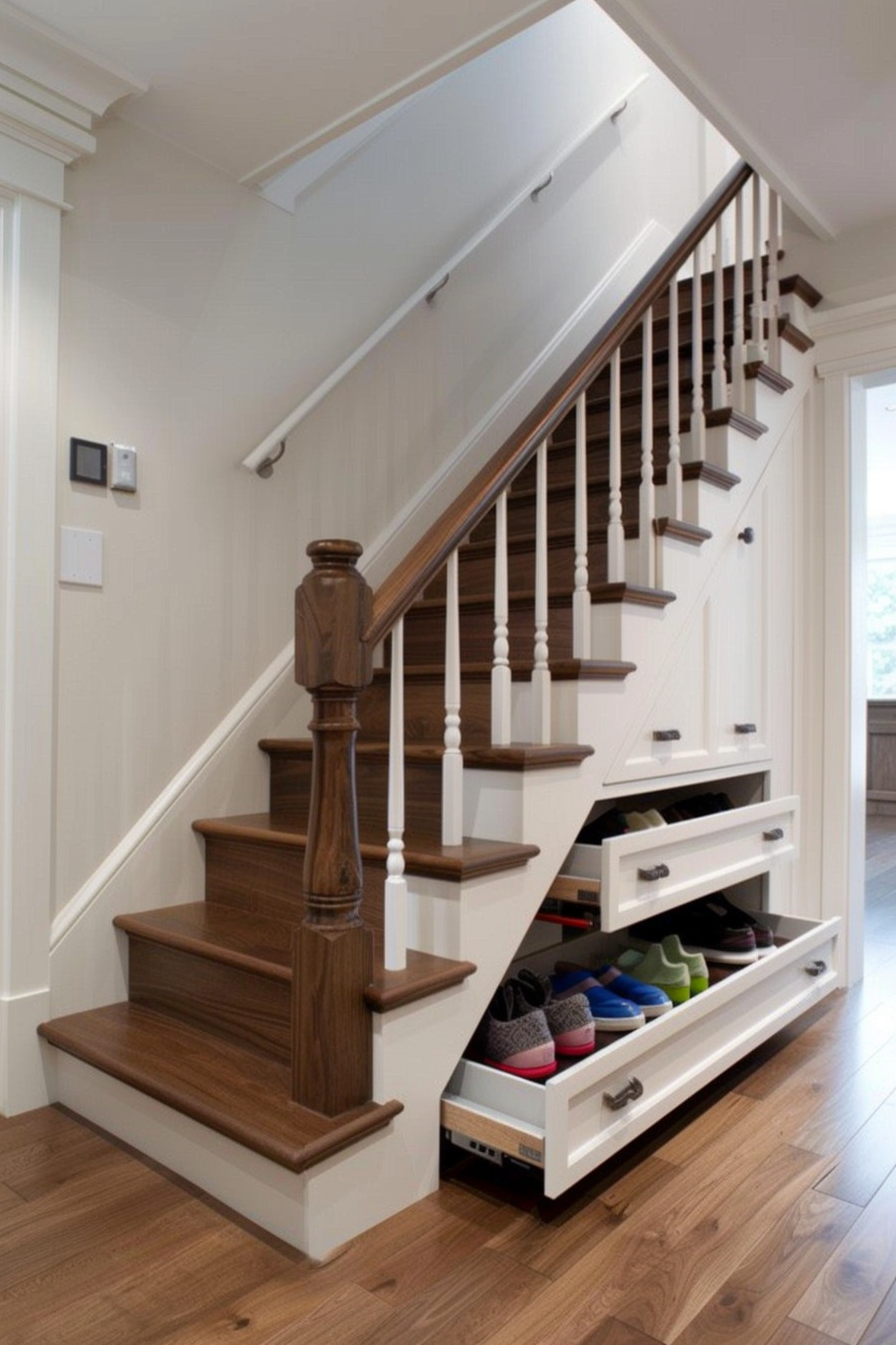 Custom-built under-stairs shoe storage