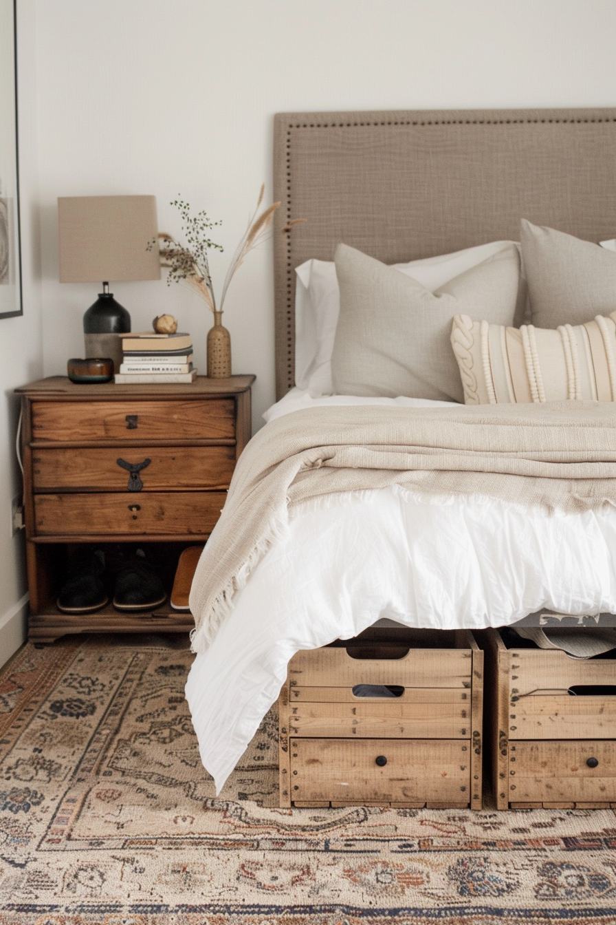 Under-bed shoe storage with clear-topped bins