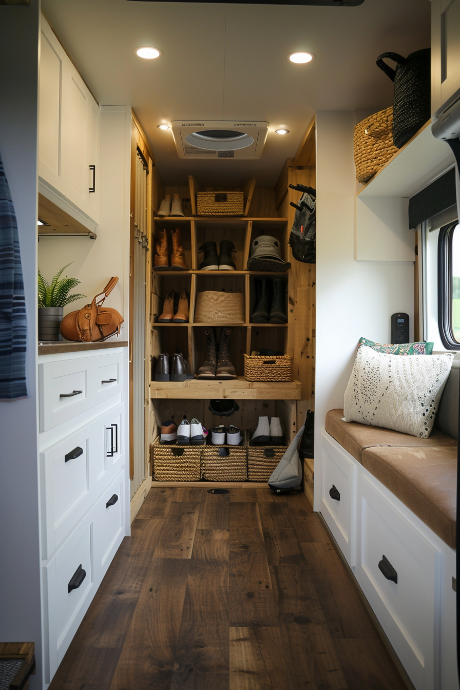 RV shoe storage with hanging organizers