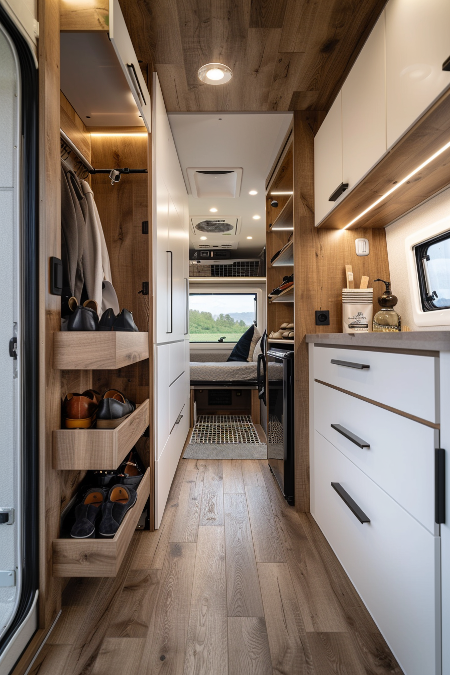 RV shoe storage with hanging organizers