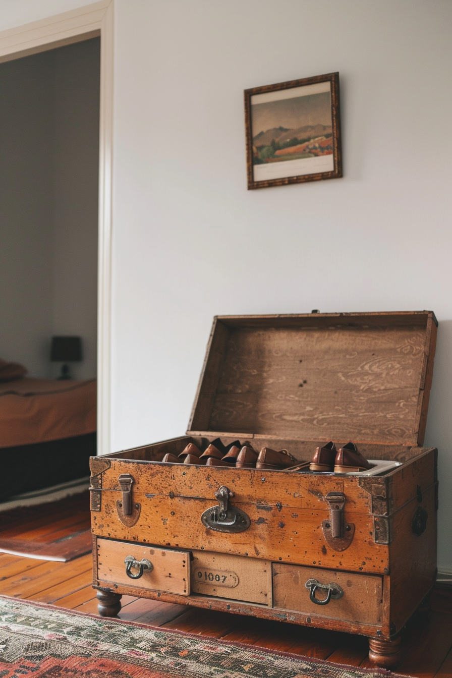 Vintage shoe storage trunk with hinged lid