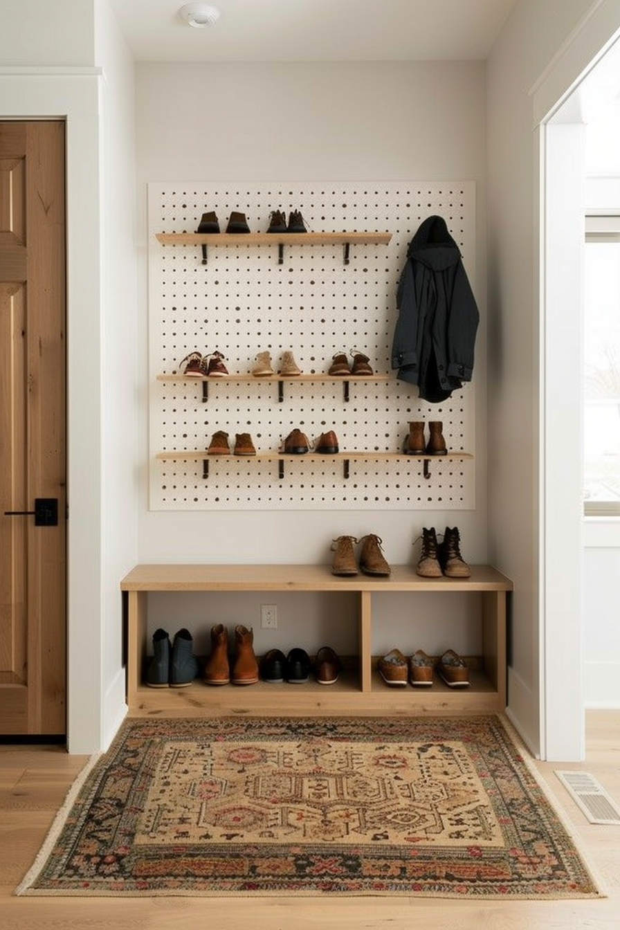 Pegboard shoe storage system with adjustable hooks