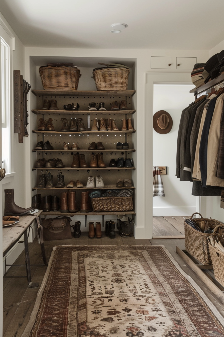 Pegboard shoe storage system with adjustable hooks