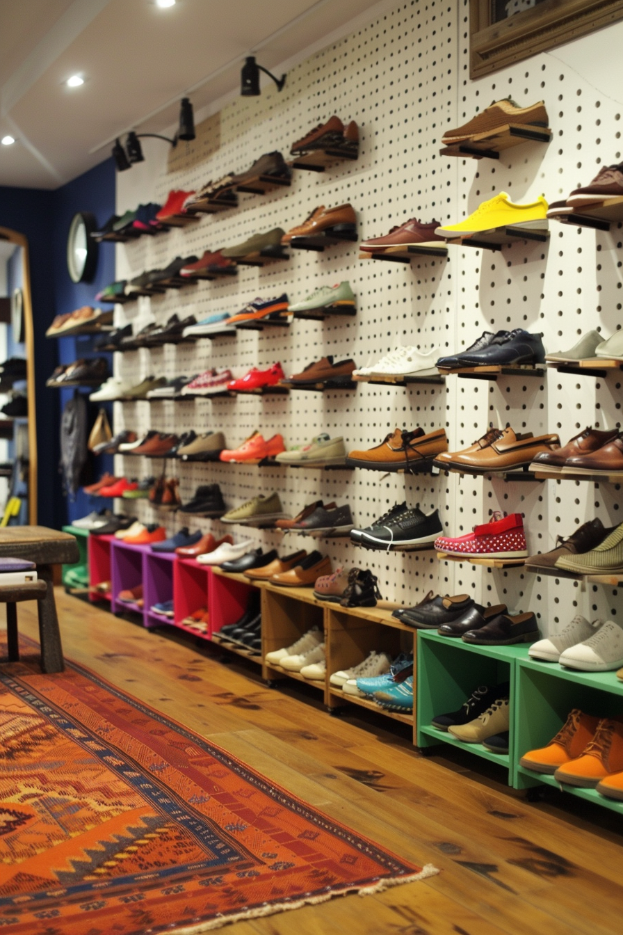 Pegboard shoe storage system with adjustable hooks