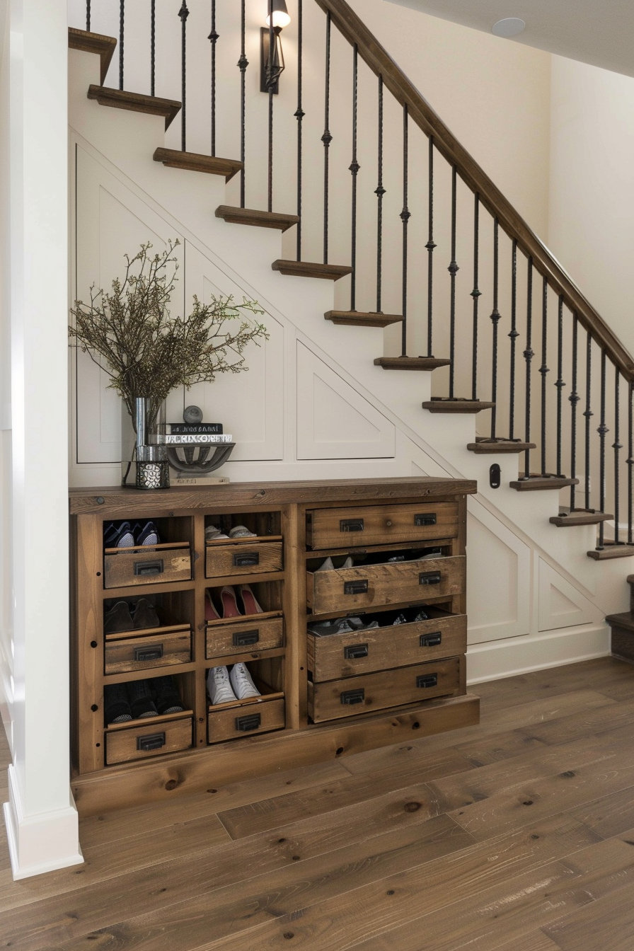 Custom-built under-stairs shoe storage
