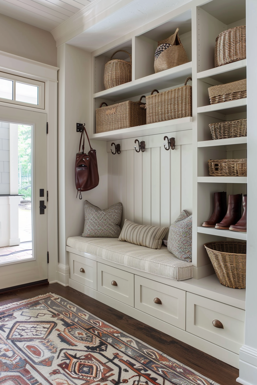Entryway shoe bench with built-in shelves