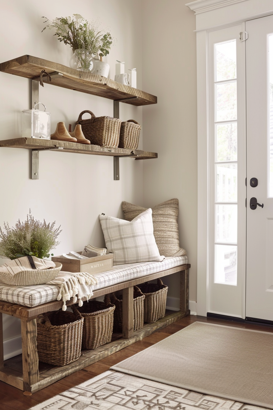 Entryway shoe bench with built-in shelves