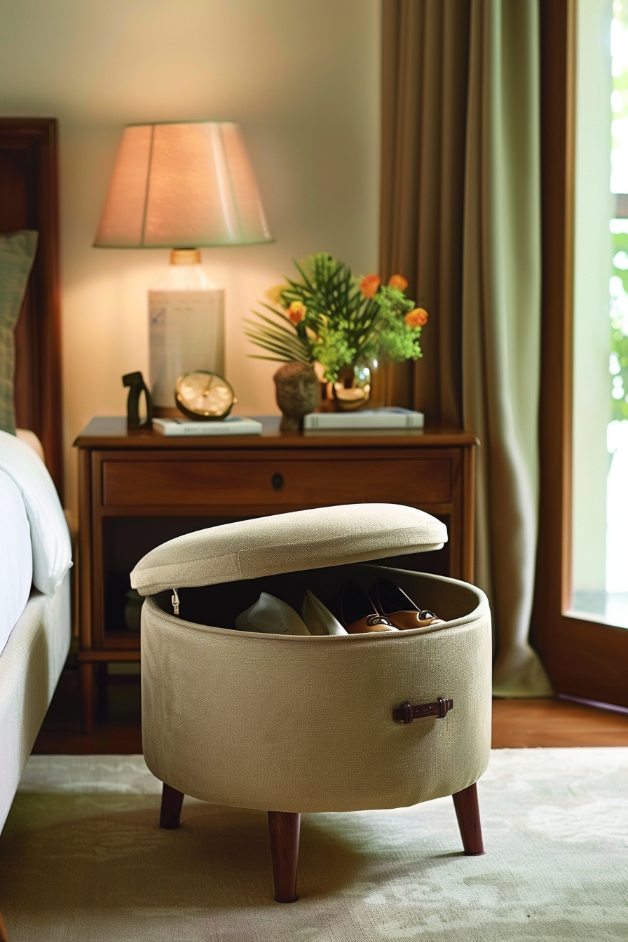Plush shoe storage ottoman with lift-top lid