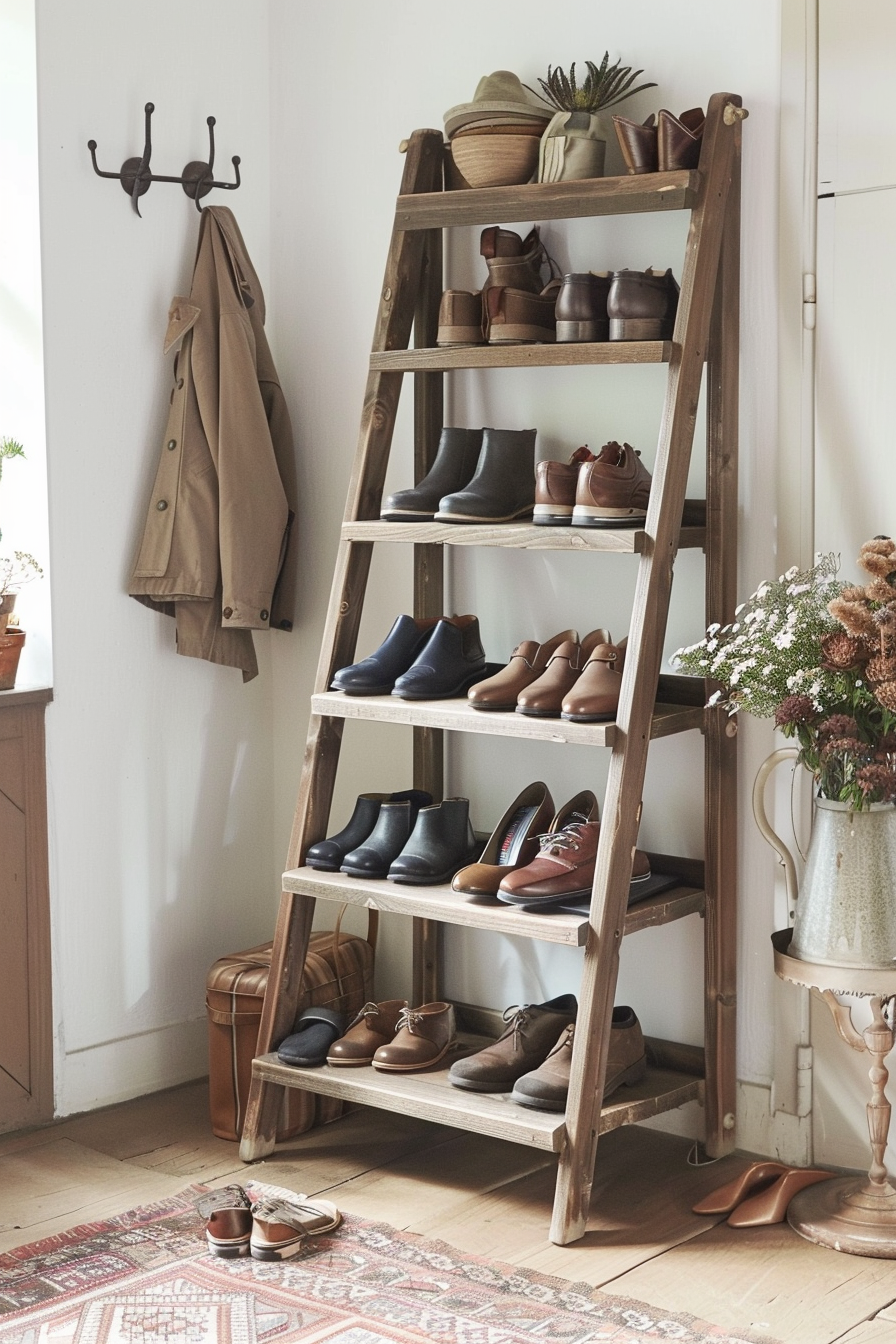 Rustic shoe storage ladder with wide rungs