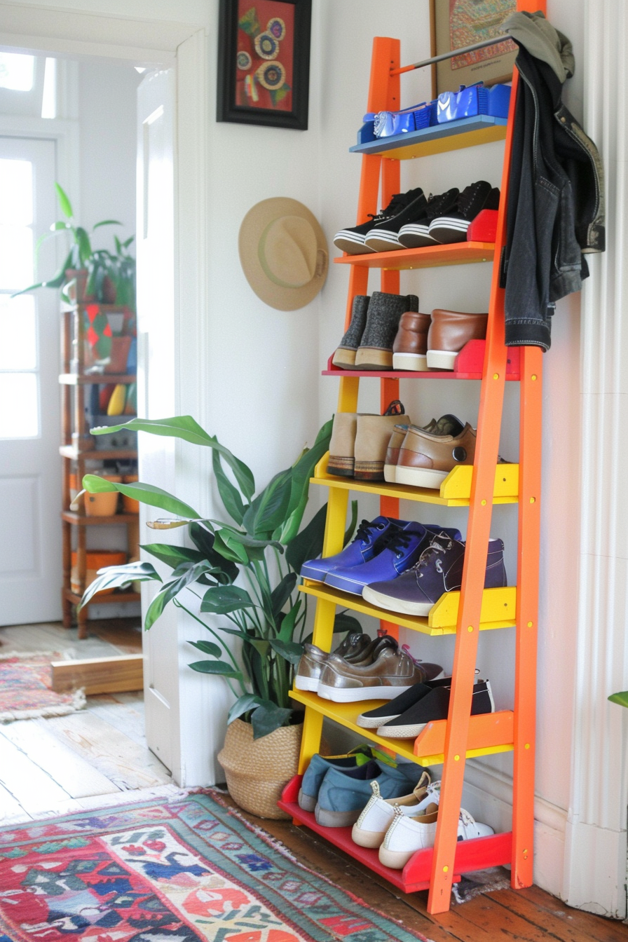 Rustic shoe storage ladder with wide rungs