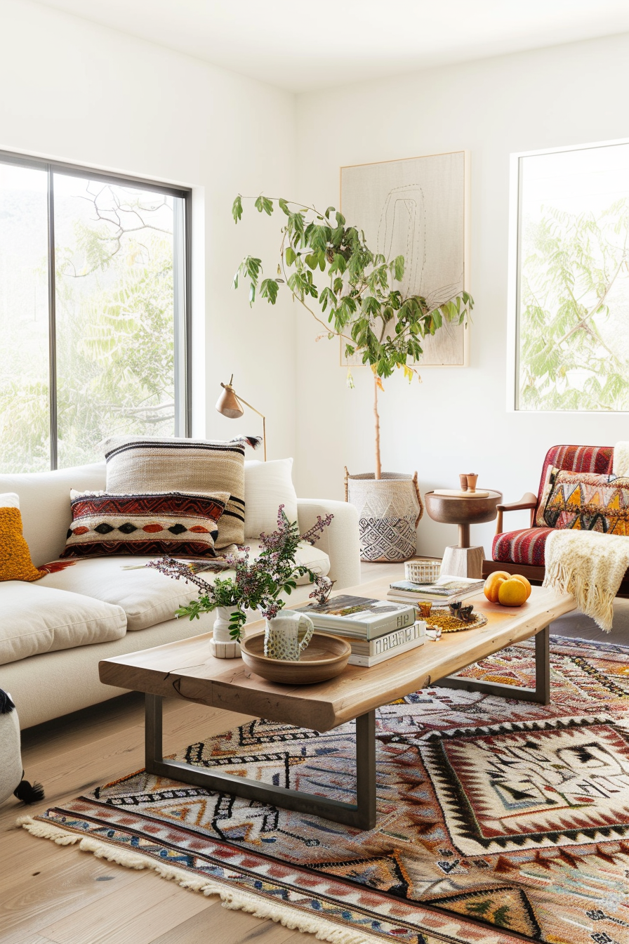 Living room with layered rugs