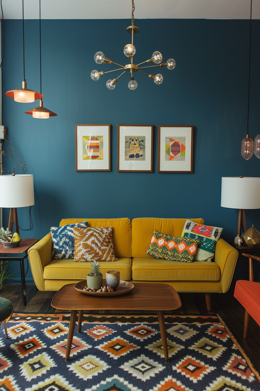 Living room with statement lighting