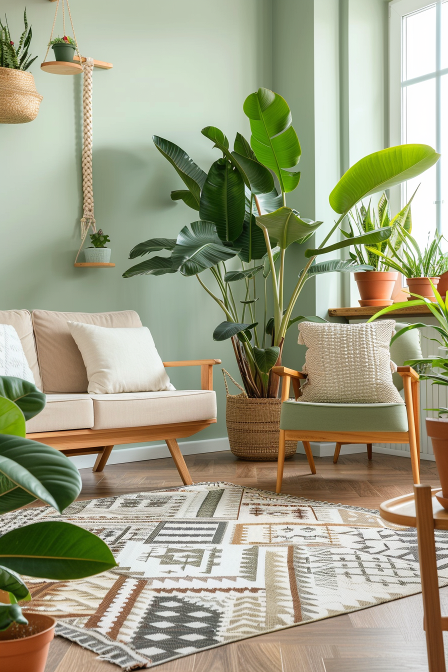 Living room with greenery and natural elements