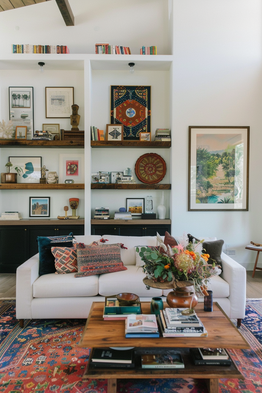 Living room showcasing art and personal collections