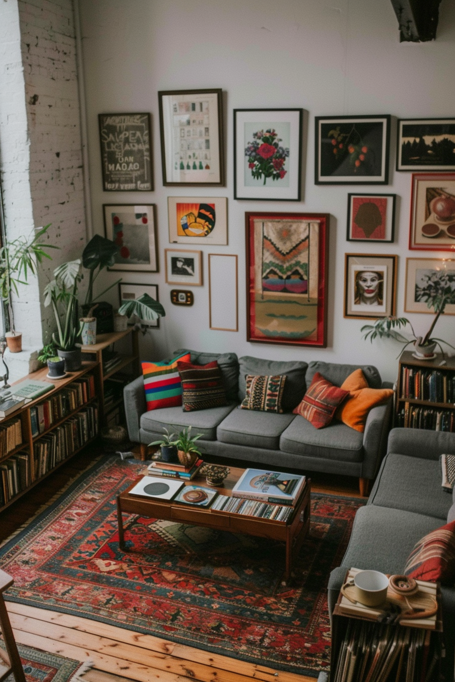 Living room showcasing art and personal collections