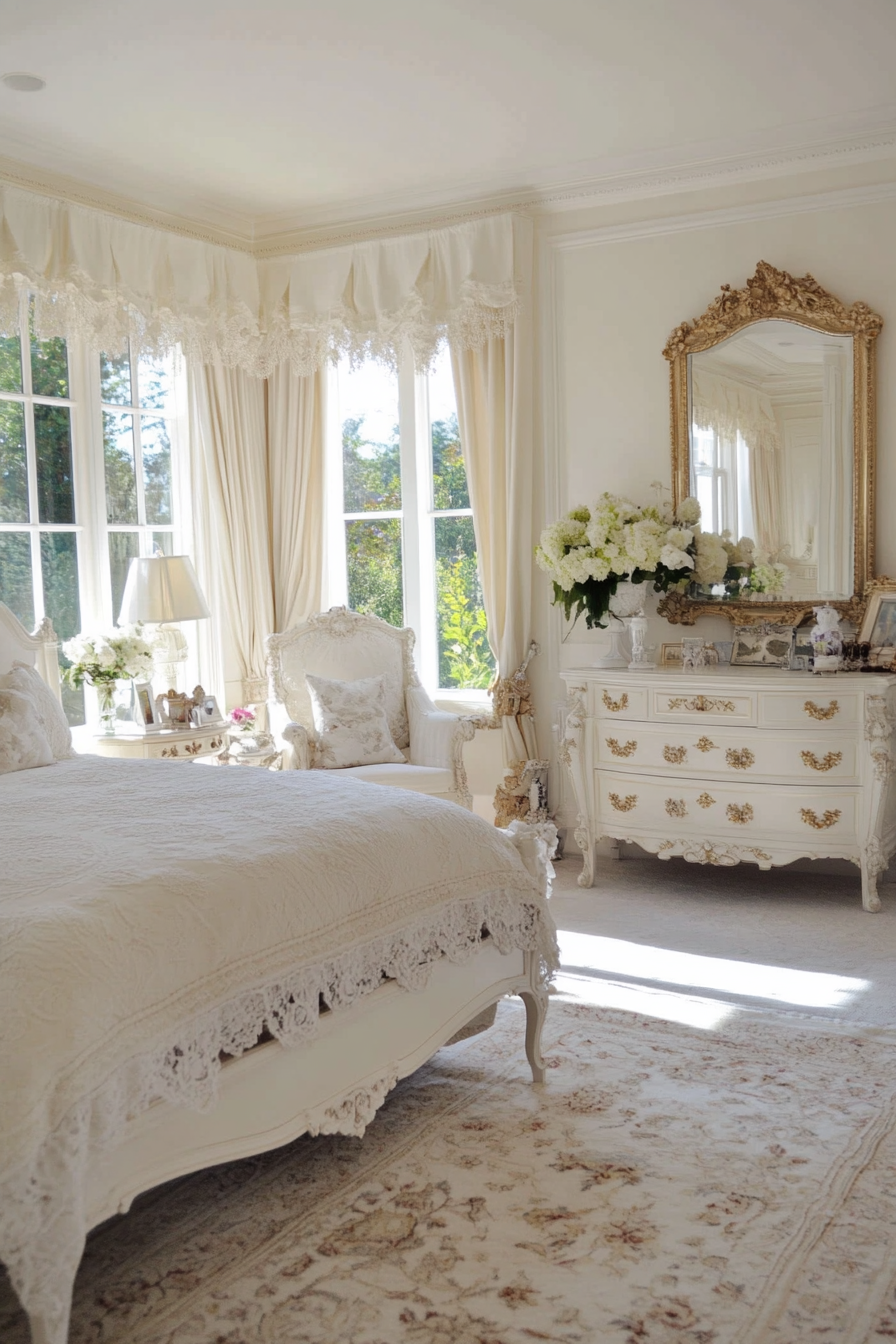 White Victorian bedroom with a tufted headboard