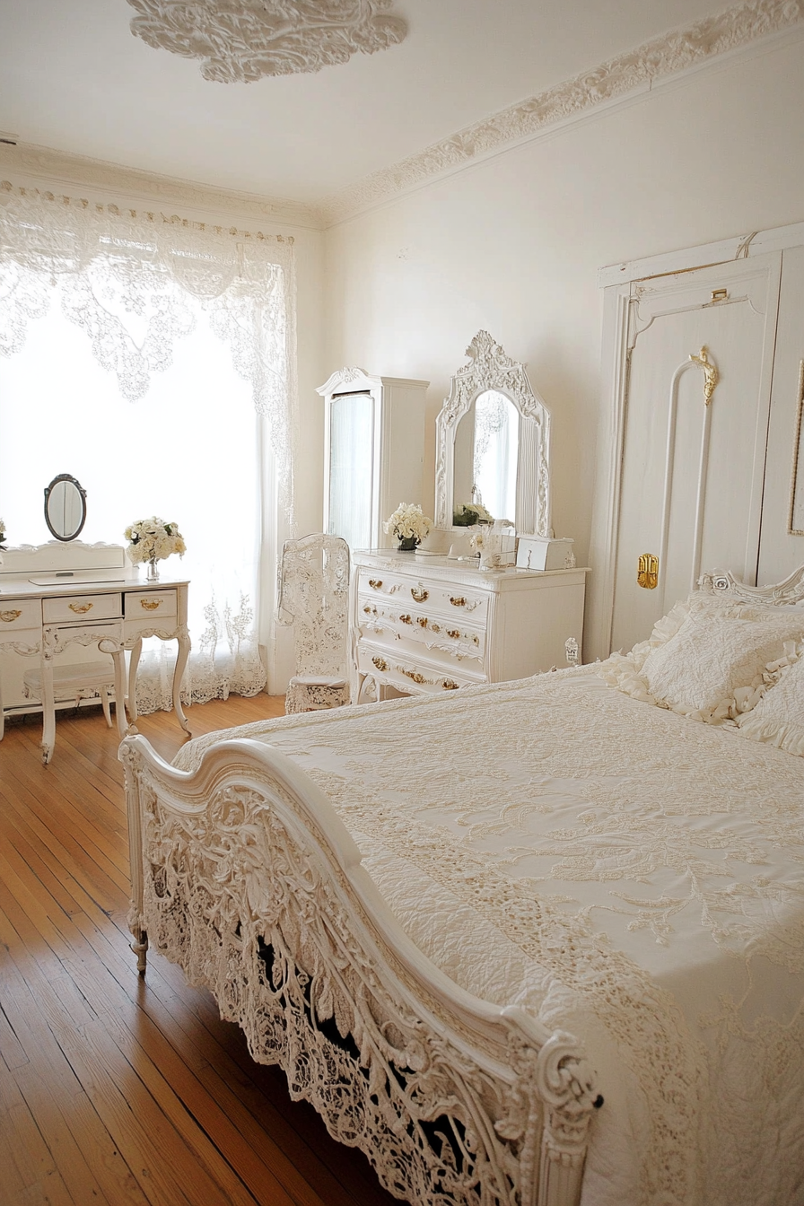 White floral arrangements and decorative pillows in a Victorian bedroom