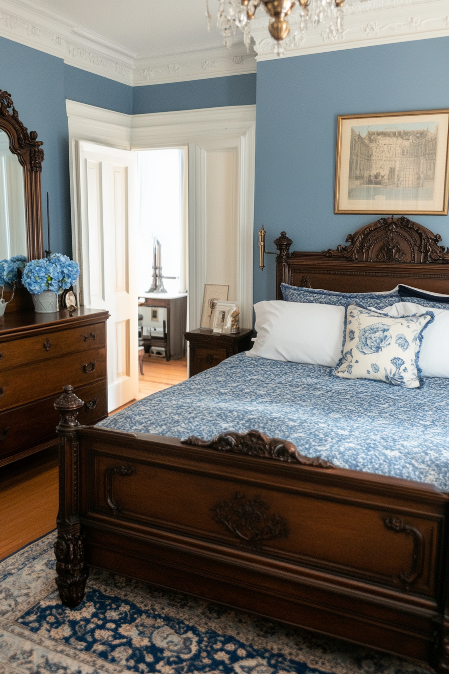 Blue Victorian bedroom with dark wood furniture
