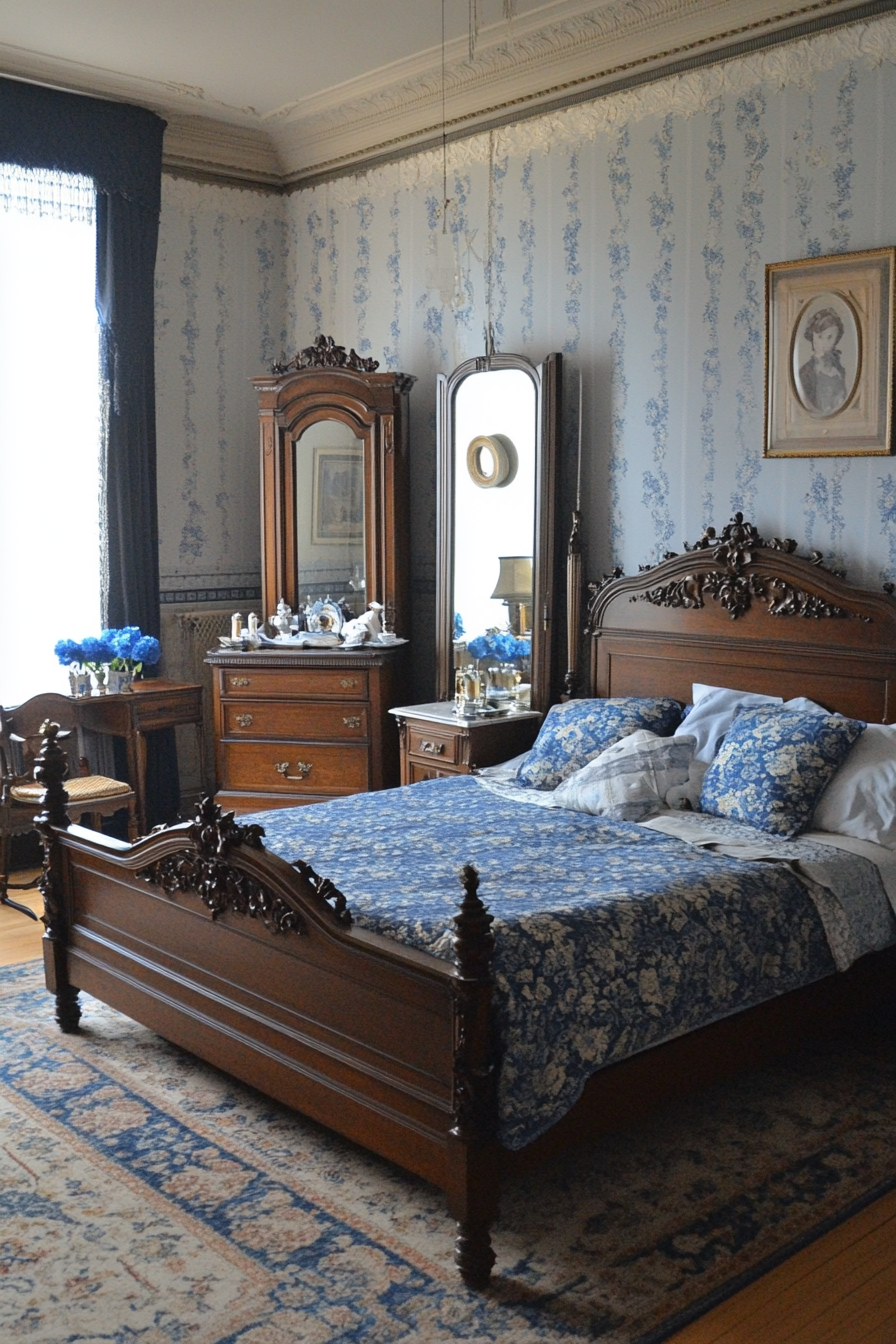 Blue floral arrangements and decorative pillows in a Victorian bedroom